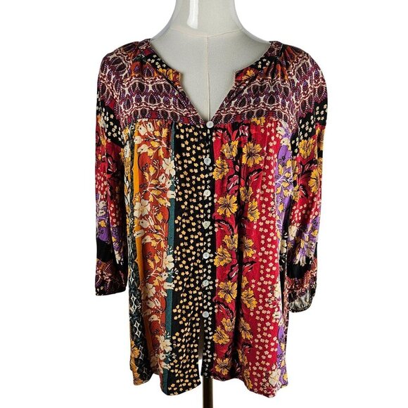 Figueroa & Flower Boho Top P Large Multi Color Floral 3/4 Puff Sleeve Lace Back - Picture 1 of 9
